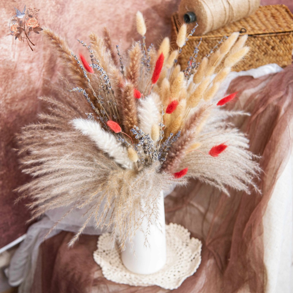 Pampas Grass Decor - 天然パンパスグラス ラベンダー ドライフラワー 人工花束 ウェディングデコレーション リード