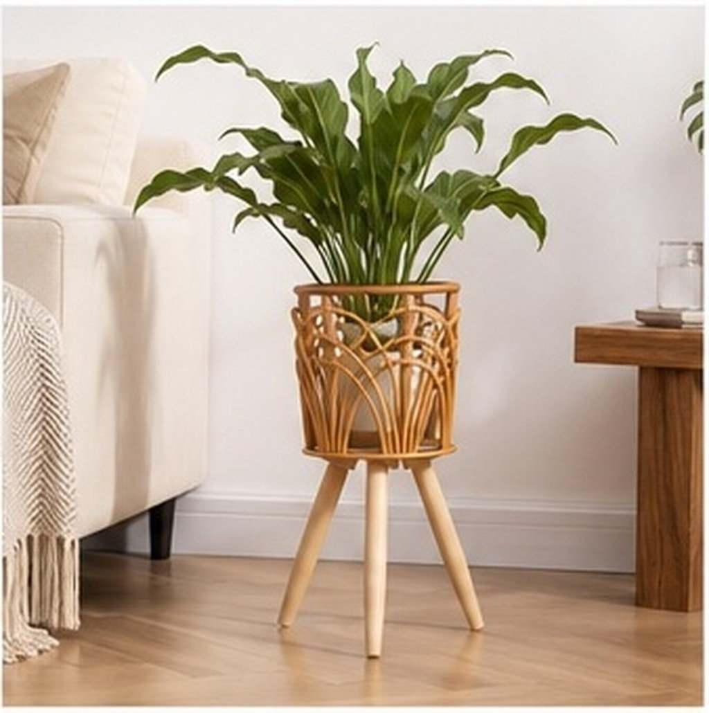 Rattan Plant Basket - 木製ラタン製プランターバスケットスタンド、木製植木鉢スタンド、秋のインテリア、北欧風、ラスティックスタイル、床置き型、編み込み