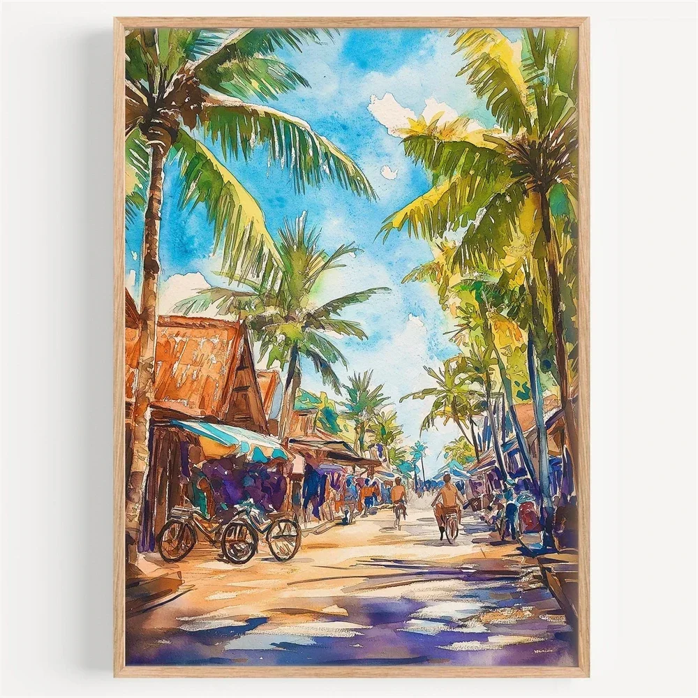 Home Decor Indonesia - ロンボク島の水彩画キャンバス絵画、都市風景、壁掛けアートプリント、旅行ポスター、インドネシア旅行プリント、イラスト、インテリア装飾