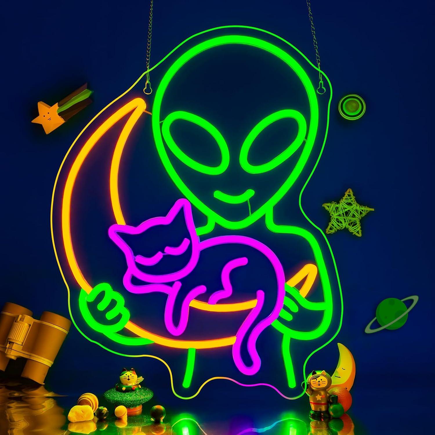 Home Decor Theme - エイリアンキャットのネオンサイン、眠そうな猫の月の形をしたLEDライト。寝室、ゲームルーム、男性の趣味の部屋、宇宙をテーマにしたインテリア、ギフト、ナイトライトとして。