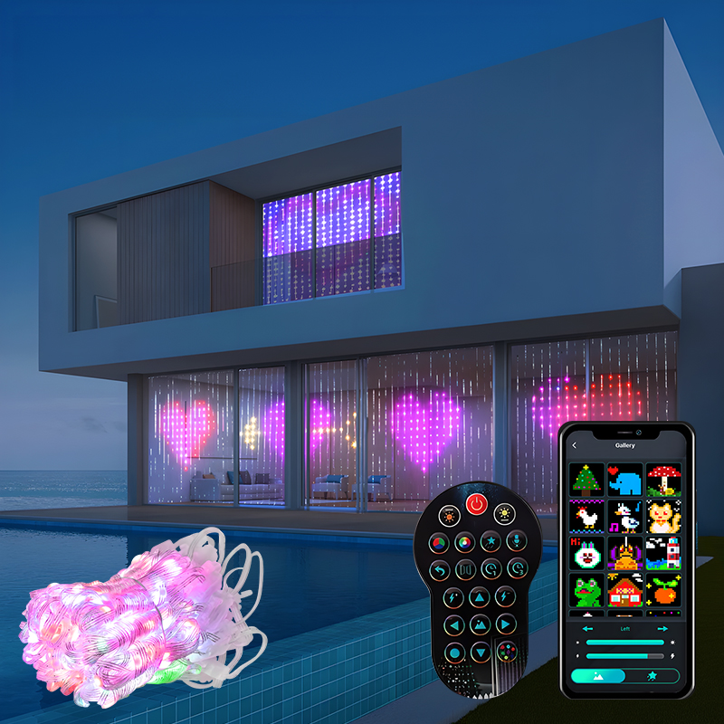 Home Decor Free App - RGBスマートカーテンライト,400LED,Bluetoothアプリケーション,音楽変更,アニメーション画像表示,妖精の花輪,家の装飾