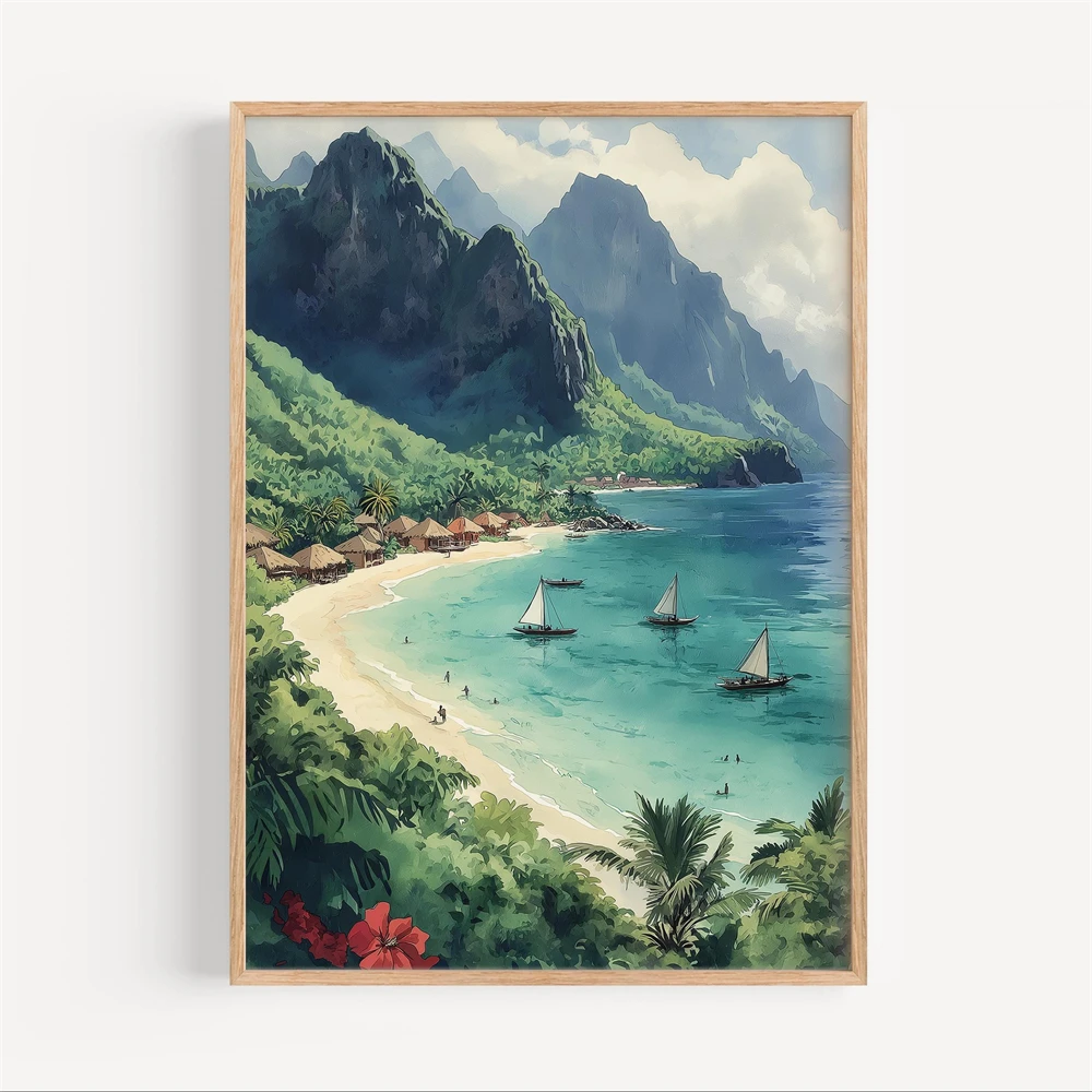 ロンボク島の水彩画キャンバス絵画、都市風景、壁掛けアートプリ - Home Decor Indonesia のレビューと価格